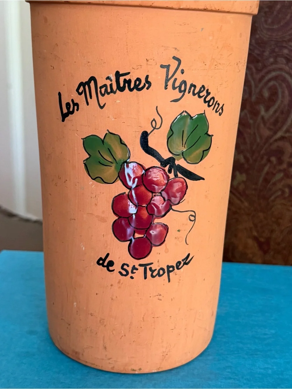 Vintage French Vallauris Terracotta Wine Barrel with Grapes and Leaves Design